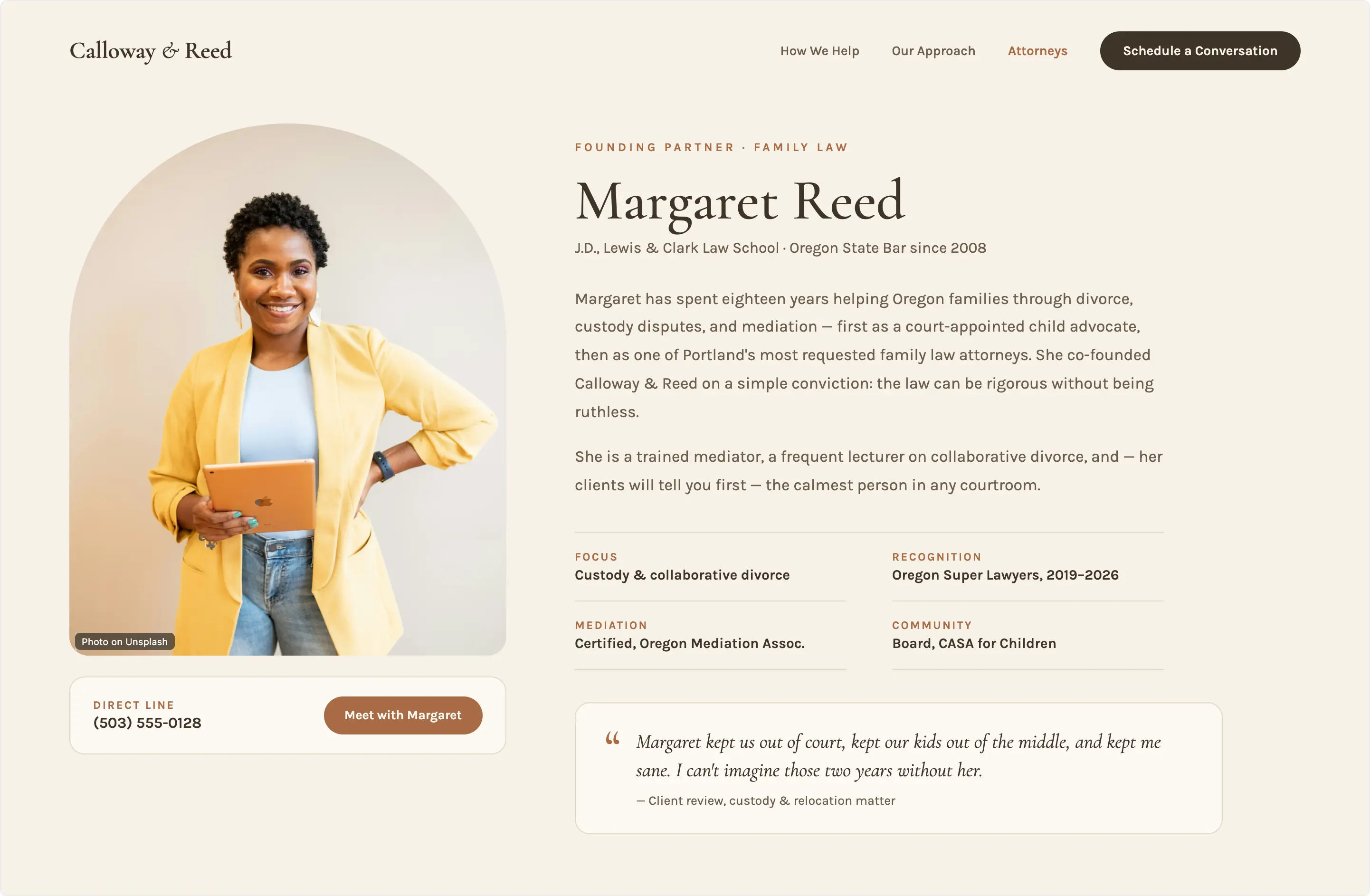 Attorney bio page of the Calloway & Reed concept site