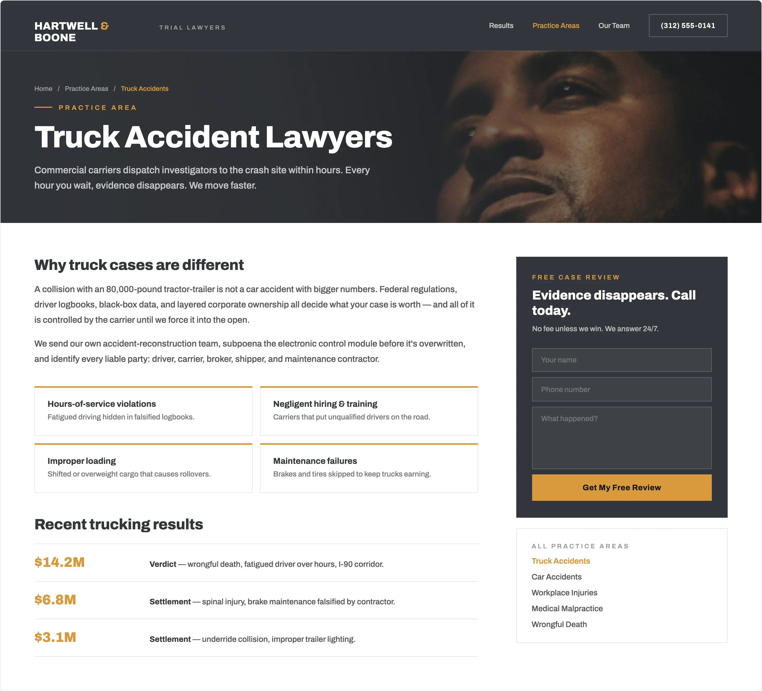 Practice area page of the Hartwell & Boone concept site: Truck Accident Lawyers