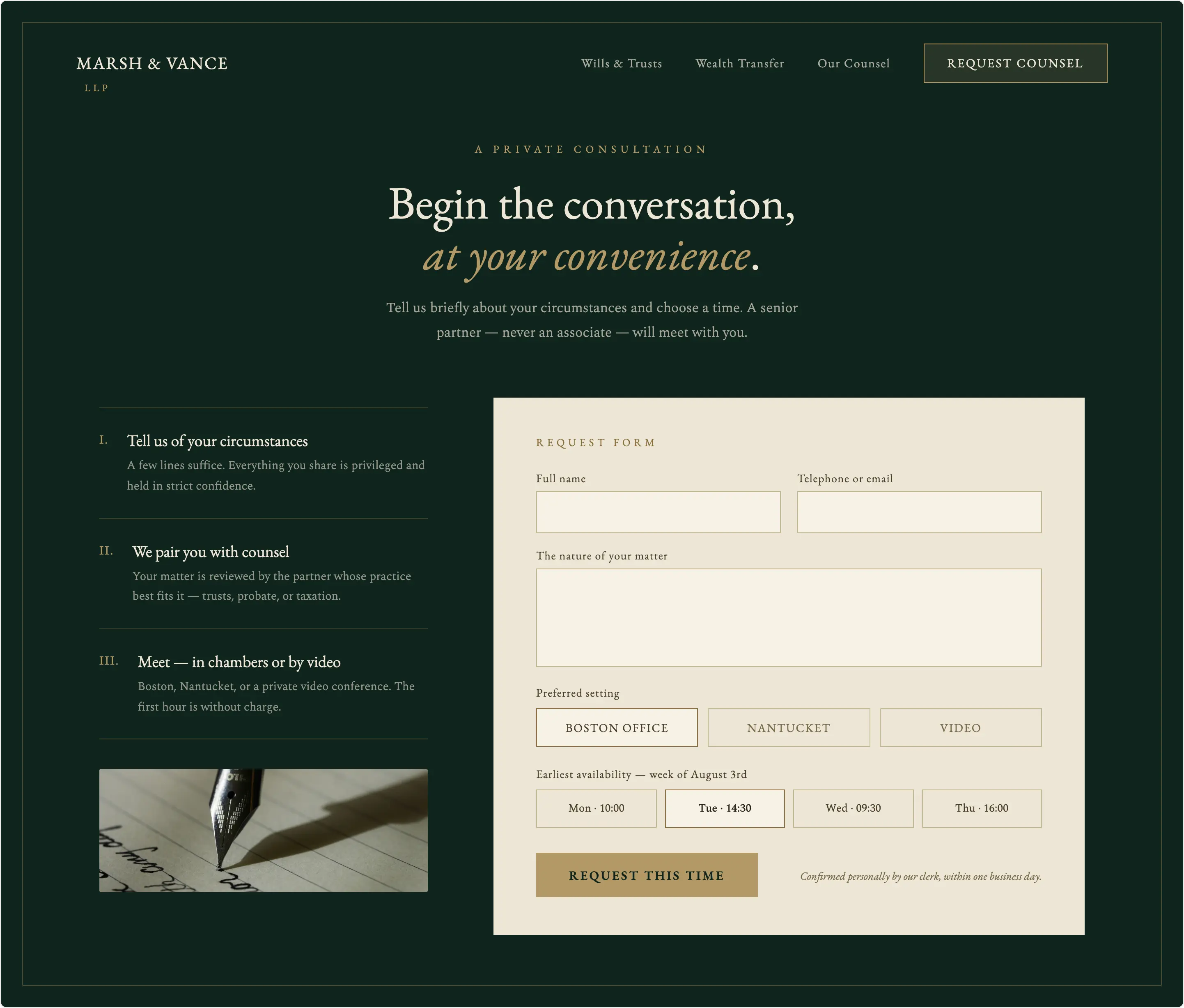 Intake and booking page of the Marsh & Vance concept site
